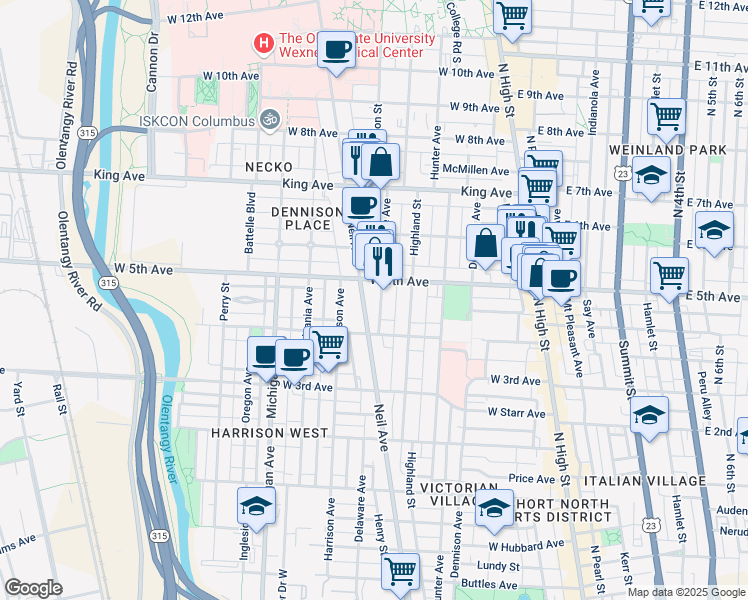 map of restaurants, bars, coffee shops, grocery stores, and more near 1250 Neil Avenue in Columbus