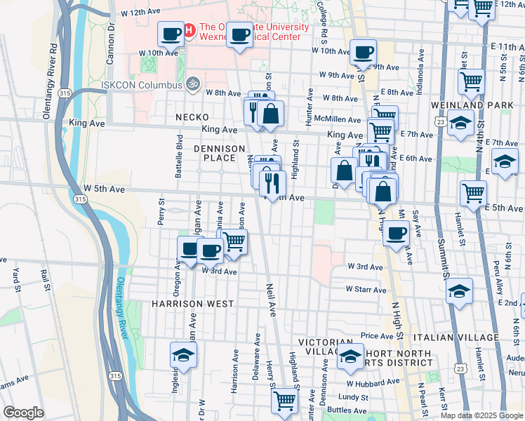 map of restaurants, bars, coffee shops, grocery stores, and more near in Columbus