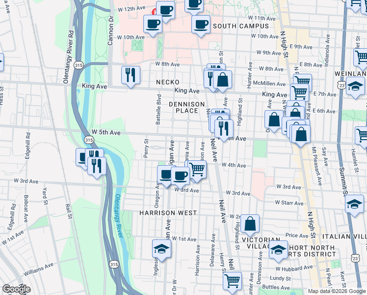 map of restaurants, bars, coffee shops, grocery stores, and more near 387 Vermont Place in Columbus