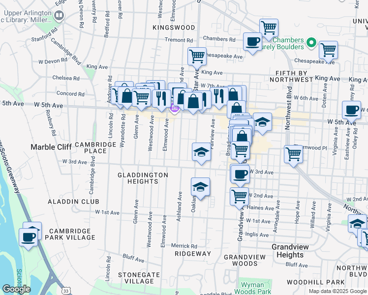 map of restaurants, bars, coffee shops, grocery stores, and more near 1461 Ashland Avenue in Columbus