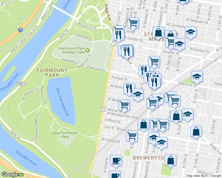 map of restaurants, bars, coffee shops, grocery stores, and more near 3235 Arlington Street in Philadelphia