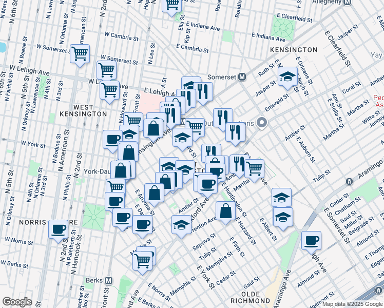map of restaurants, bars, coffee shops, grocery stores, and more near 1936 East Hazzard Street in Philadelphia