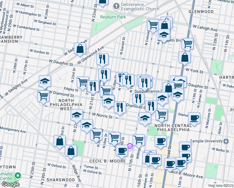 map of restaurants, bars, coffee shops, grocery stores, and more near 2134 North 19th Street in Philadelphia