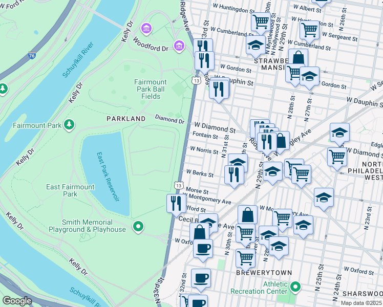 map of restaurants, bars, coffee shops, grocery stores, and more near 3235 Arlington Street in Philadelphia
