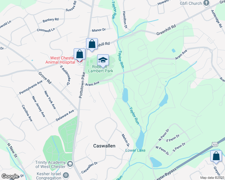 map of restaurants, bars, coffee shops, grocery stores, and more near 5 Gershwin Drive in West Chester
