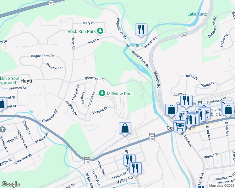 map of restaurants, bars, coffee shops, grocery stores, and more near 1113 Francis Drive in Coatesville