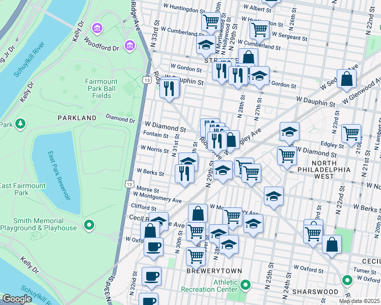 map of restaurants, bars, coffee shops, grocery stores, and more near 3007 West Norris Street in Philadelphia