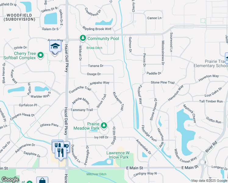 map of restaurants, bars, coffee shops, grocery stores, and more near 13355 Kickapoo Trail in Carmel