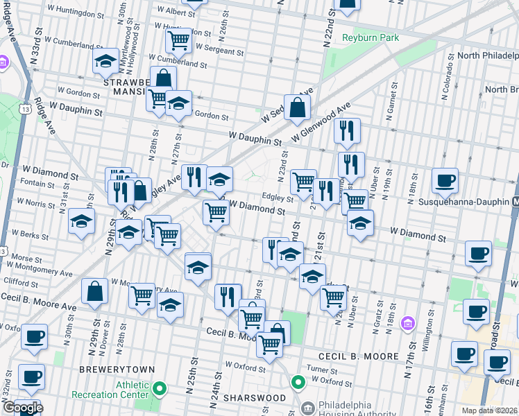 map of restaurants, bars, coffee shops, grocery stores, and more near West Diamond street in Philadelphia