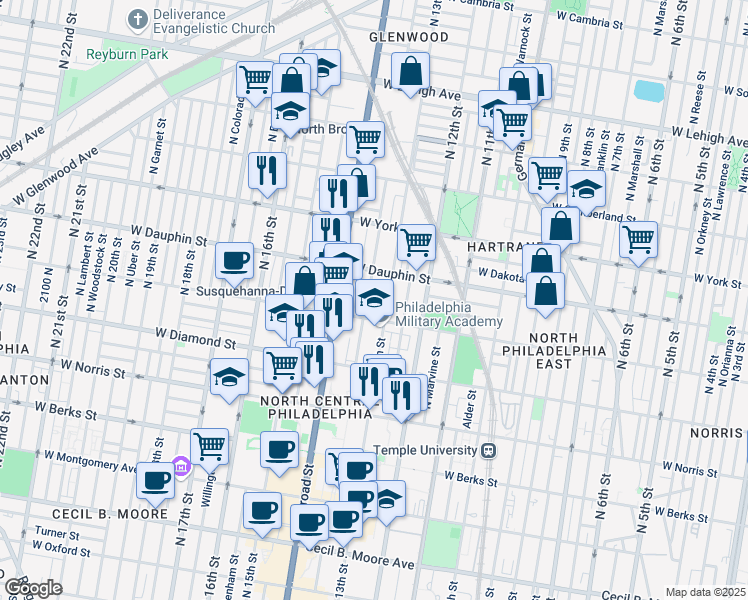 map of restaurants, bars, coffee shops, grocery stores, and more near 2225 North Park Avenue in Philadelphia