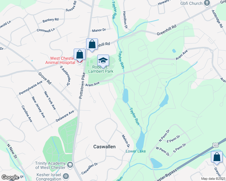 map of restaurants, bars, coffee shops, grocery stores, and more near 5 Gershwin Drive in West Chester