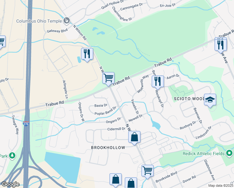 map of restaurants, bars, coffee shops, grocery stores, and more near 1648 North Wilson Road in Columbus