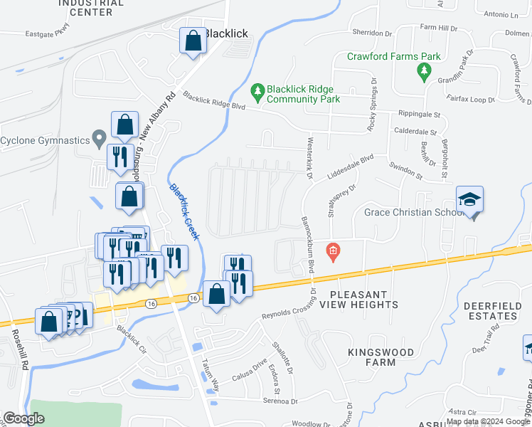 map of restaurants, bars, coffee shops, grocery stores, and more near 171 Hawkins Lane in Blacklick