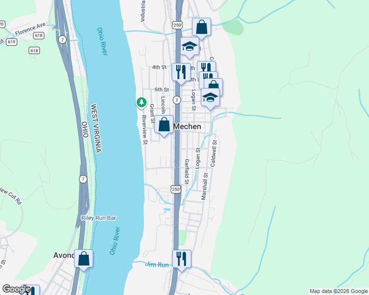 map of restaurants, bars, coffee shops, grocery stores, and more near 1015 Garfield Street in McMechen