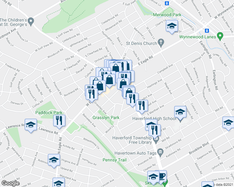 map of restaurants, bars, coffee shops, grocery stores, and more near 17 Ralston Avenue in Havertown