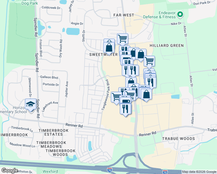 map of restaurants, bars, coffee shops, grocery stores, and more near Tanglewood Park Boulevard in Columbus