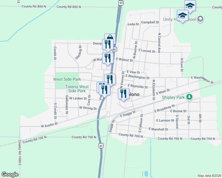 map of restaurants, bars, coffee shops, grocery stores, and more near 104 North Long Street in Tolono