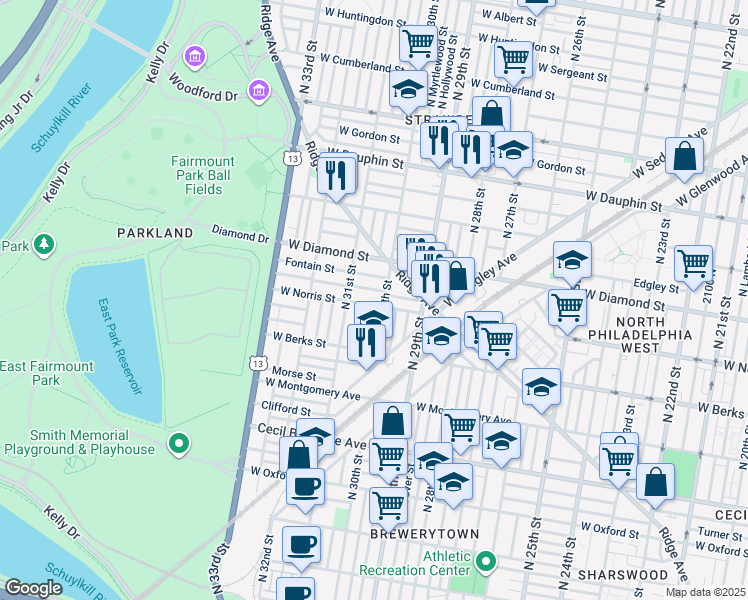 map of restaurants, bars, coffee shops, grocery stores, and more near 3013 West Norris Street in Philadelphia