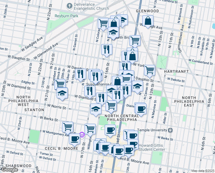 map of restaurants, bars, coffee shops, grocery stores, and more near 2201 North Mole Street in Philadelphia