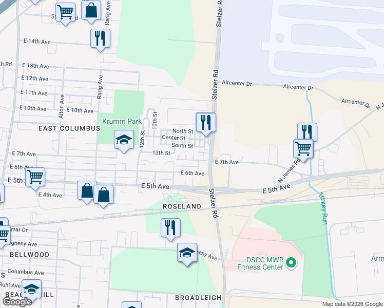 map of restaurants, bars, coffee shops, grocery stores, and more near 3316 East 7th Avenue in Columbus