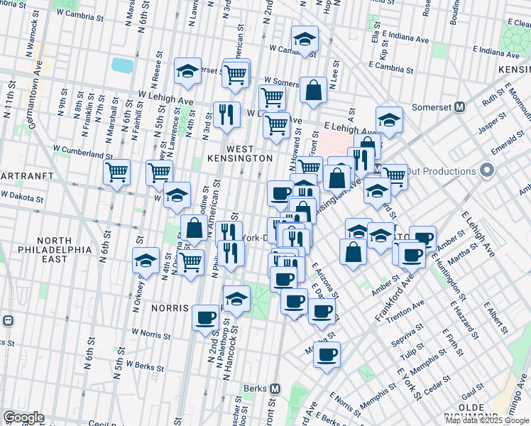 map of restaurants, bars, coffee shops, grocery stores, and more near 143 West York Street in Philadelphia