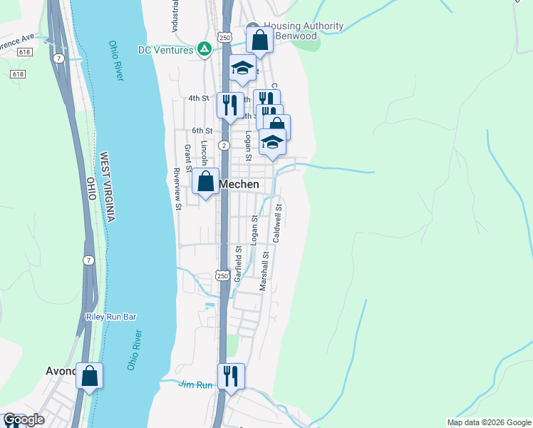 map of restaurants, bars, coffee shops, grocery stores, and more near 1011 Logan Street in McMechen
