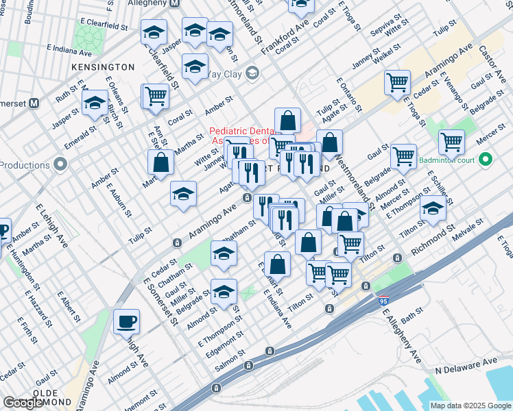 map of restaurants, bars, coffee shops, grocery stores, and more near E Clearfield St & Cedar St in Philadelphia