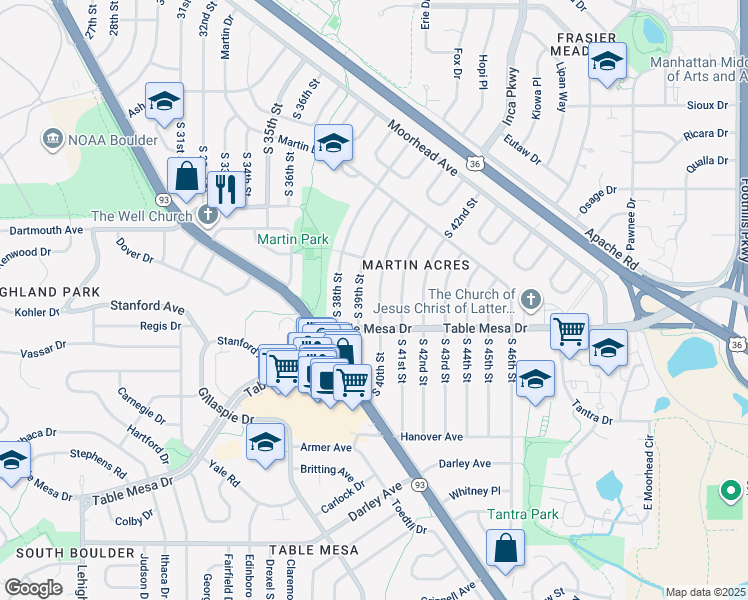 map of restaurants, bars, coffee shops, grocery stores, and more near 415 South 40th Street in Boulder