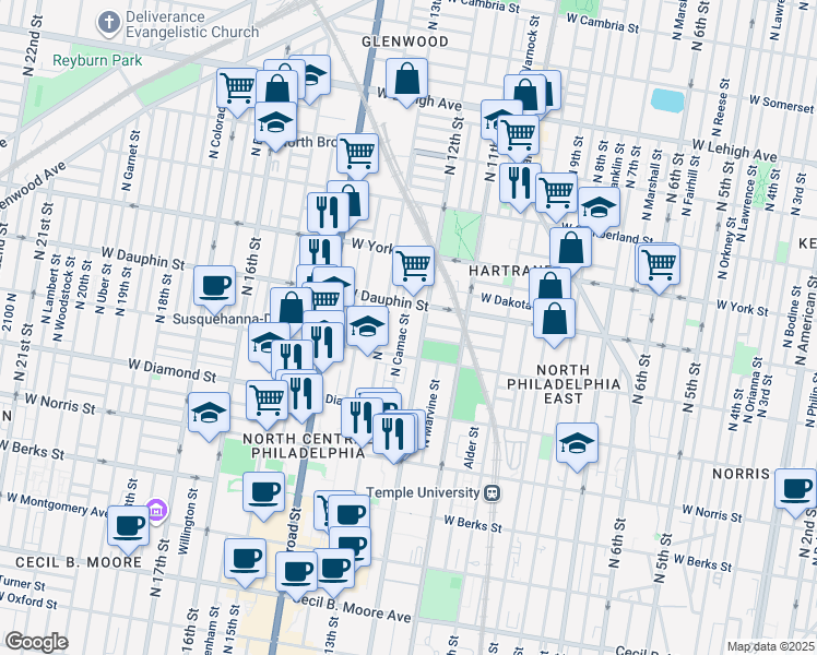 map of restaurants, bars, coffee shops, grocery stores, and more near 2237 North Camac Street in Philadelphia