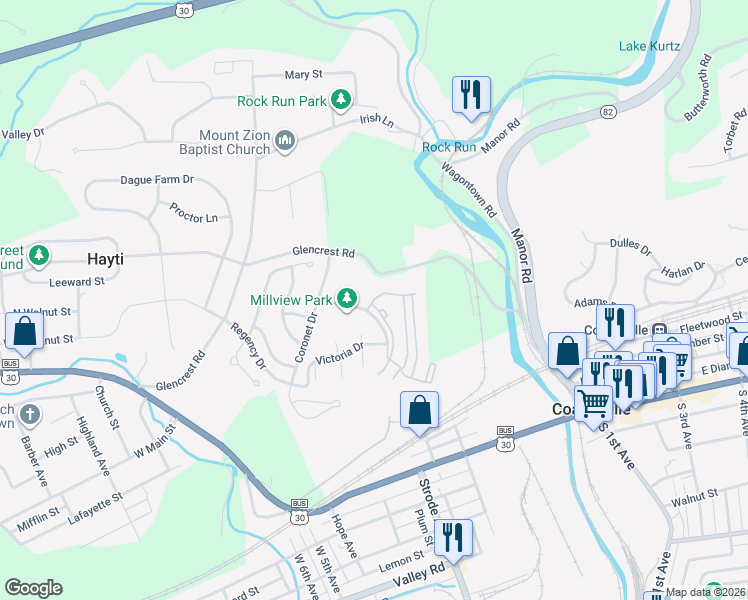 map of restaurants, bars, coffee shops, grocery stores, and more near 103 Cobblestone Drive in Coatesville