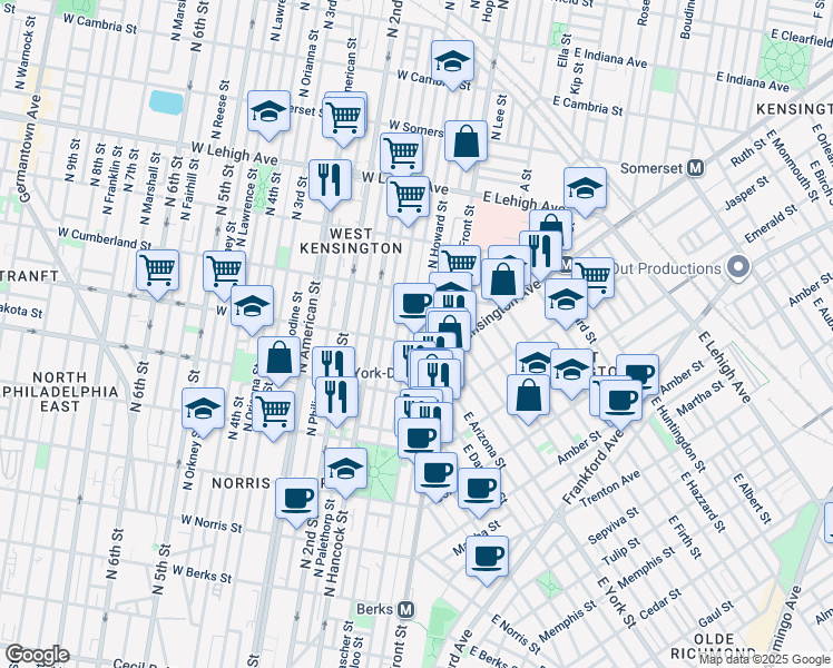 map of restaurants, bars, coffee shops, grocery stores, and more near 2408 North Howard Street in Philadelphia