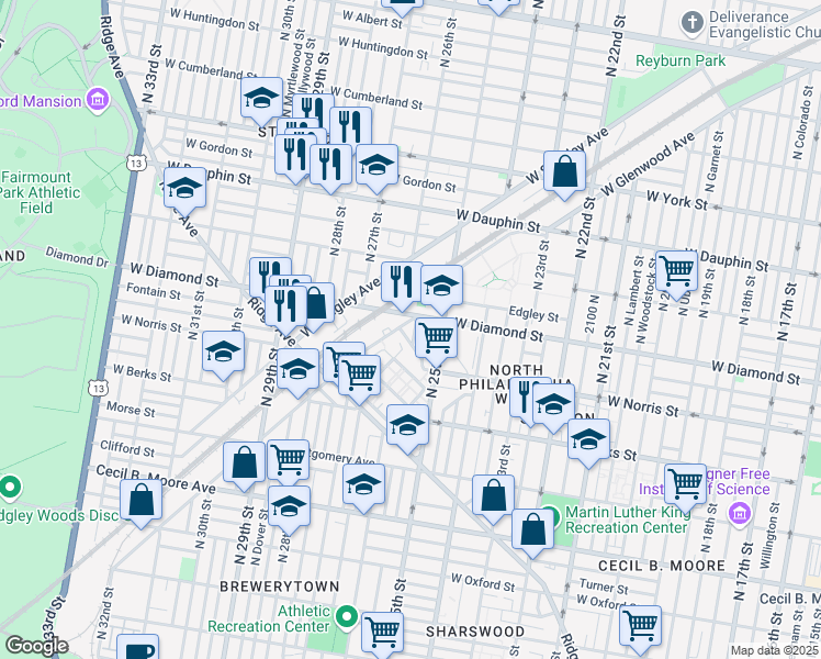 map of restaurants, bars, coffee shops, grocery stores, and more near 2036 North Bambrey Street in Philadelphia