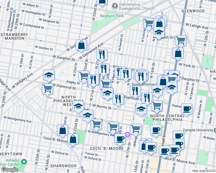 map of restaurants, bars, coffee shops, grocery stores, and more near 2127 North 20th Street in Philadelphia