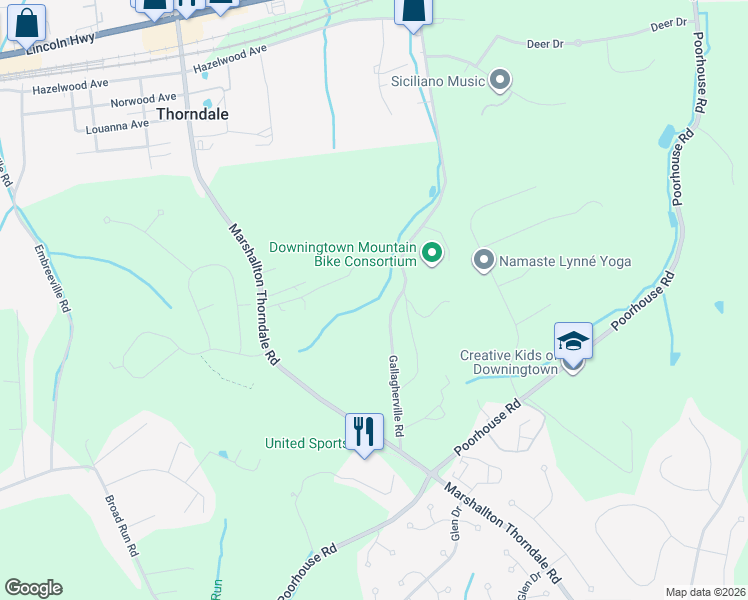 map of restaurants, bars, coffee shops, grocery stores, and more near 1418 Gallagherville Road in Downingtown