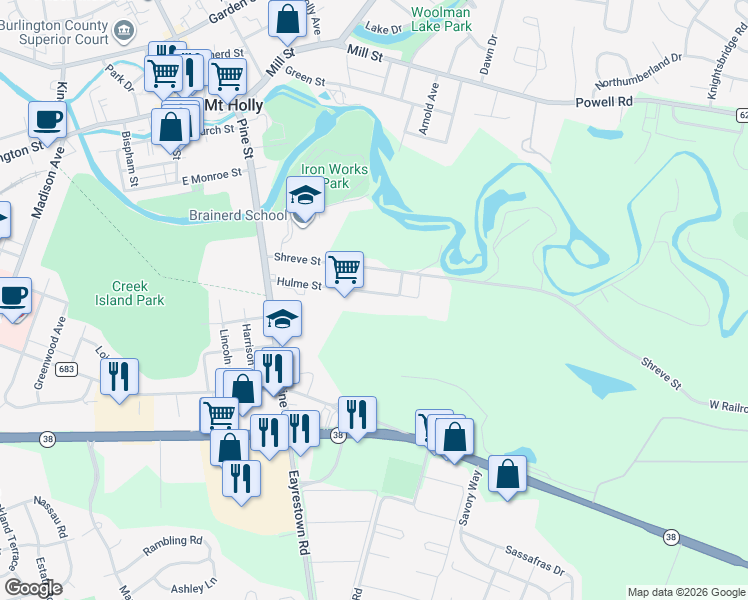 map of restaurants, bars, coffee shops, grocery stores, and more near 188 Hulme Street in Mount Holly