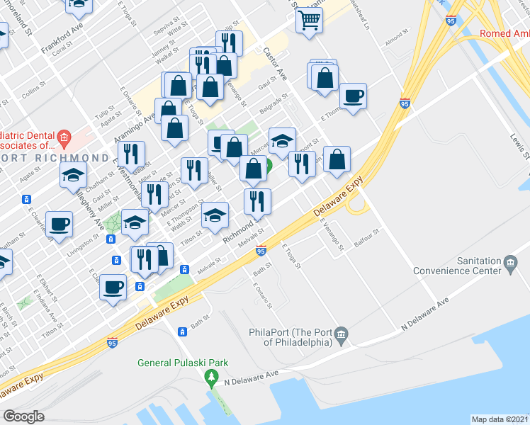 map of restaurants, bars, coffee shops, grocery stores, and more near 3500 Richmond Street in Philadelphia
