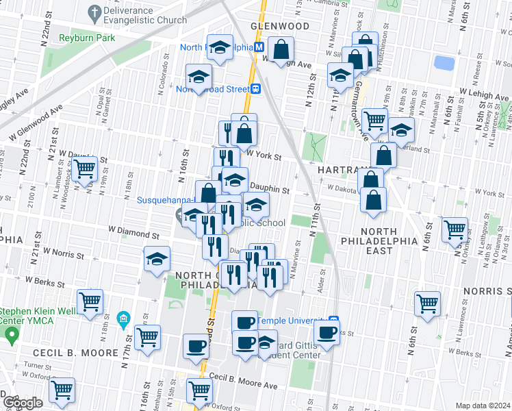 map of restaurants, bars, coffee shops, grocery stores, and more near 2227 North Park Avenue in Philadelphia