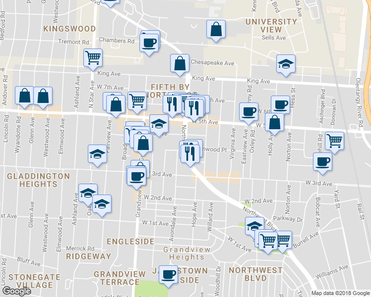 map of restaurants, bars, coffee shops, grocery stores, and more near Northwest Boulevard in Columbus