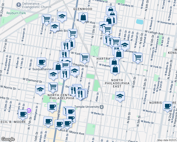 map of restaurants, bars, coffee shops, grocery stores, and more near 1142 West Nevada Street in Philadelphia