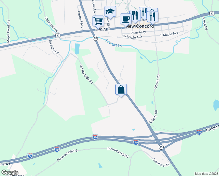 map of restaurants, bars, coffee shops, grocery stores, and more near 215 South Friendship Drive in New Concord