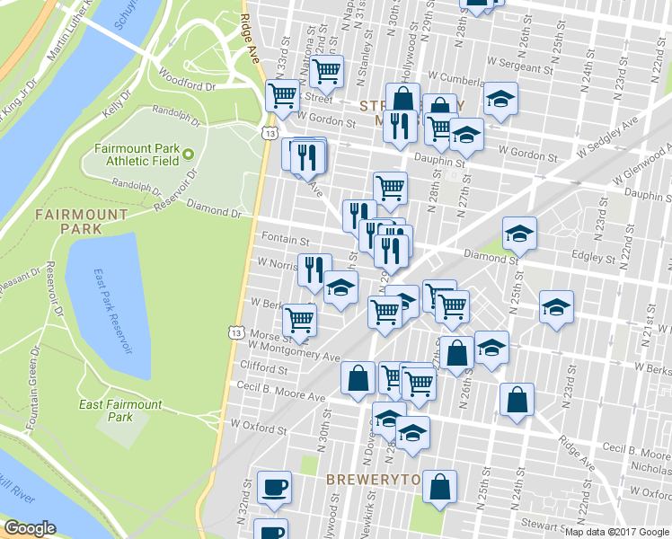 map of restaurants, bars, coffee shops, grocery stores, and more near 3023 West Norris Street in Philadelphia