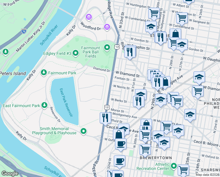 map of restaurants, bars, coffee shops, grocery stores, and more near 1948 North 33rd Street in Philadelphia