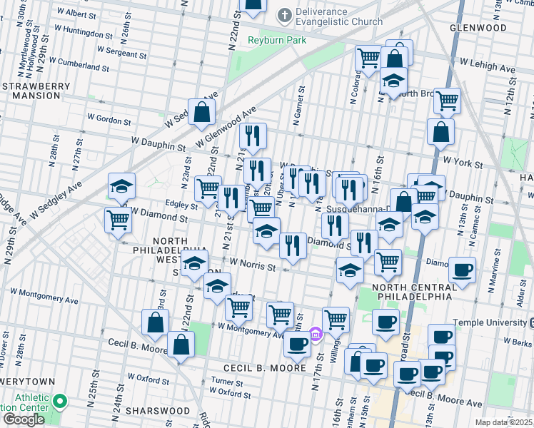 map of restaurants, bars, coffee shops, grocery stores, and more near 2127 North 20th Street in Philadelphia