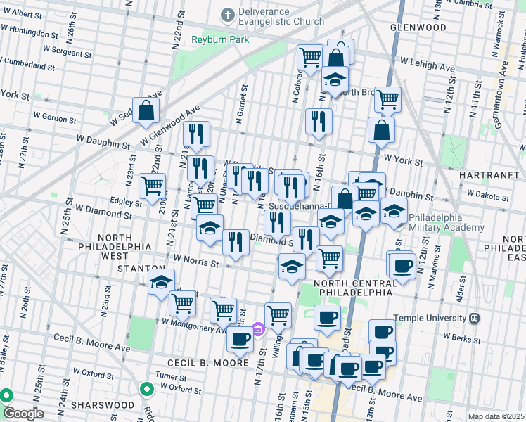 map of restaurants, bars, coffee shops, grocery stores, and more near 2135 North 18th Street in Philadelphia