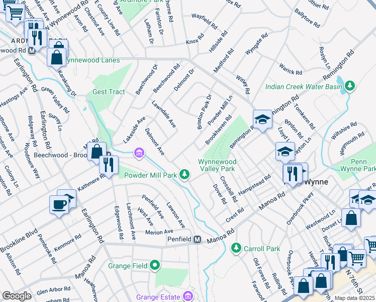 map of restaurants, bars, coffee shops, grocery stores, and more near 1712 Powder Mill Lane in Wynnewood