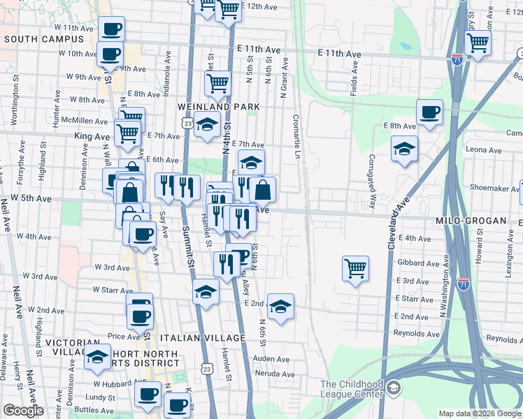 map of restaurants, bars, coffee shops, grocery stores, and more near E 5th Ave & N 6th St in Columbus