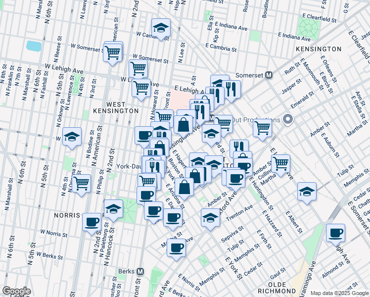 map of restaurants, bars, coffee shops, grocery stores, and more near 1833 East Letterly Street in Philadelphia