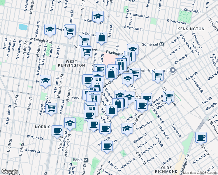 map of restaurants, bars, coffee shops, grocery stores, and more near 1812 East Letterly Street in Philadelphia