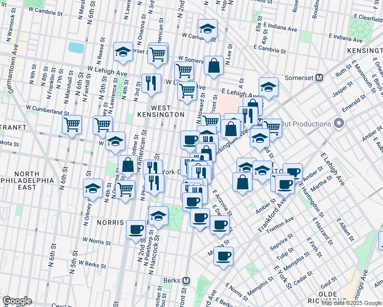 map of restaurants, bars, coffee shops, grocery stores, and more near 2408 North Howard Street in Philadelphia