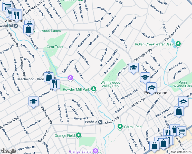 map of restaurants, bars, coffee shops, grocery stores, and more near 1712 Powder Mill Lane in Wynnewood
